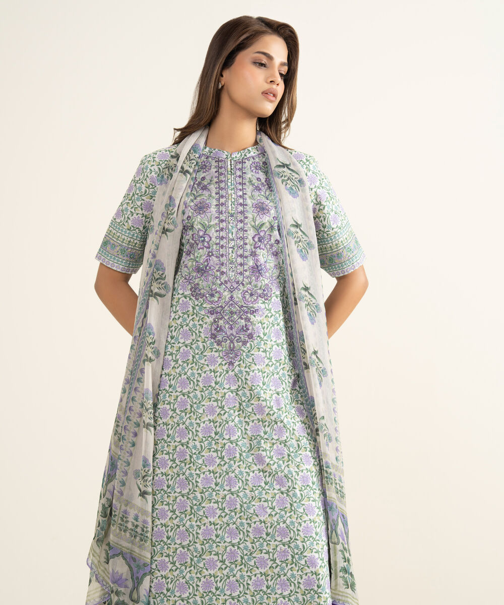 Women's Unstitched Lawn Embroidered Purple 3 Piece Suit