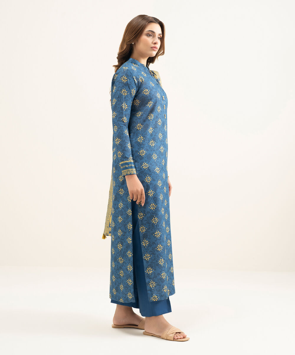 Women's Unstitched Lawn Blue Printed 3 Piece Suit