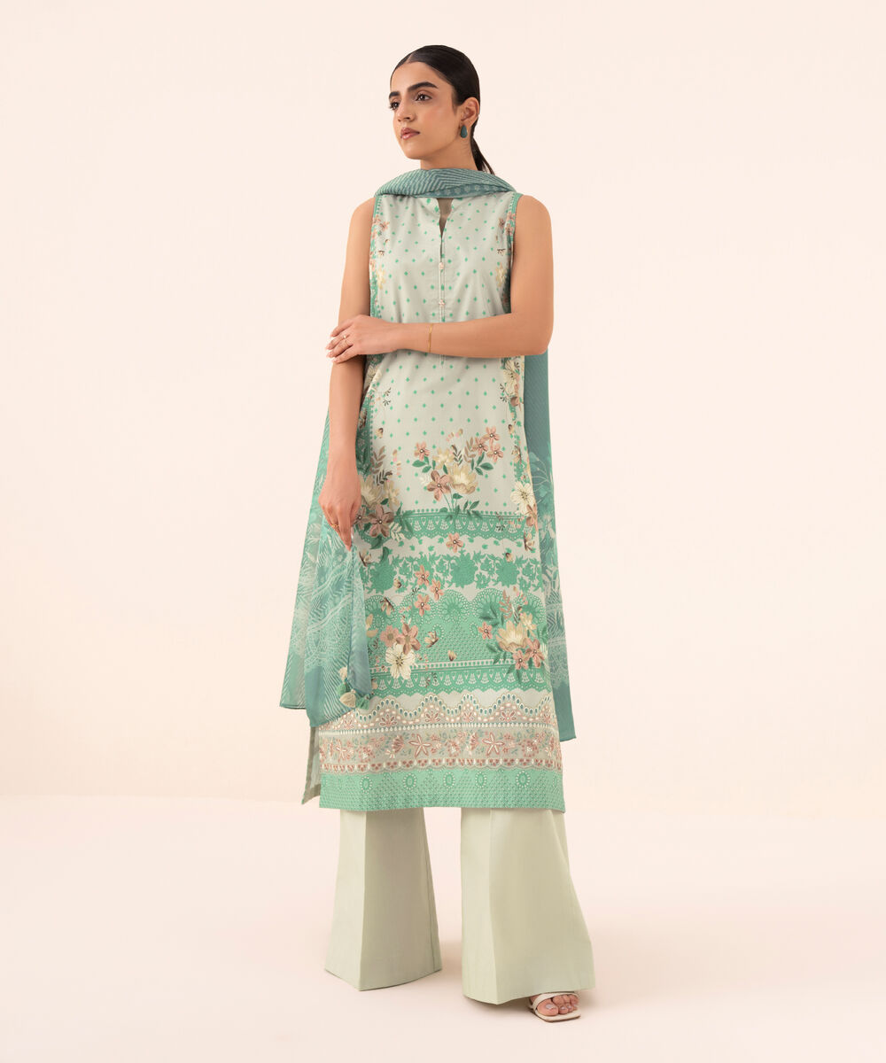 Women's Unstitched Cotton Viscose Embroidered Green 3 Piece Suit