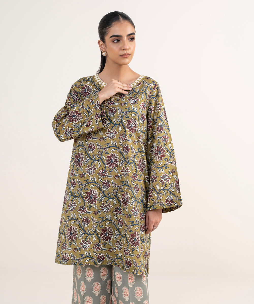 Women's RTW Lawn Green Embroidered Straight Shirt