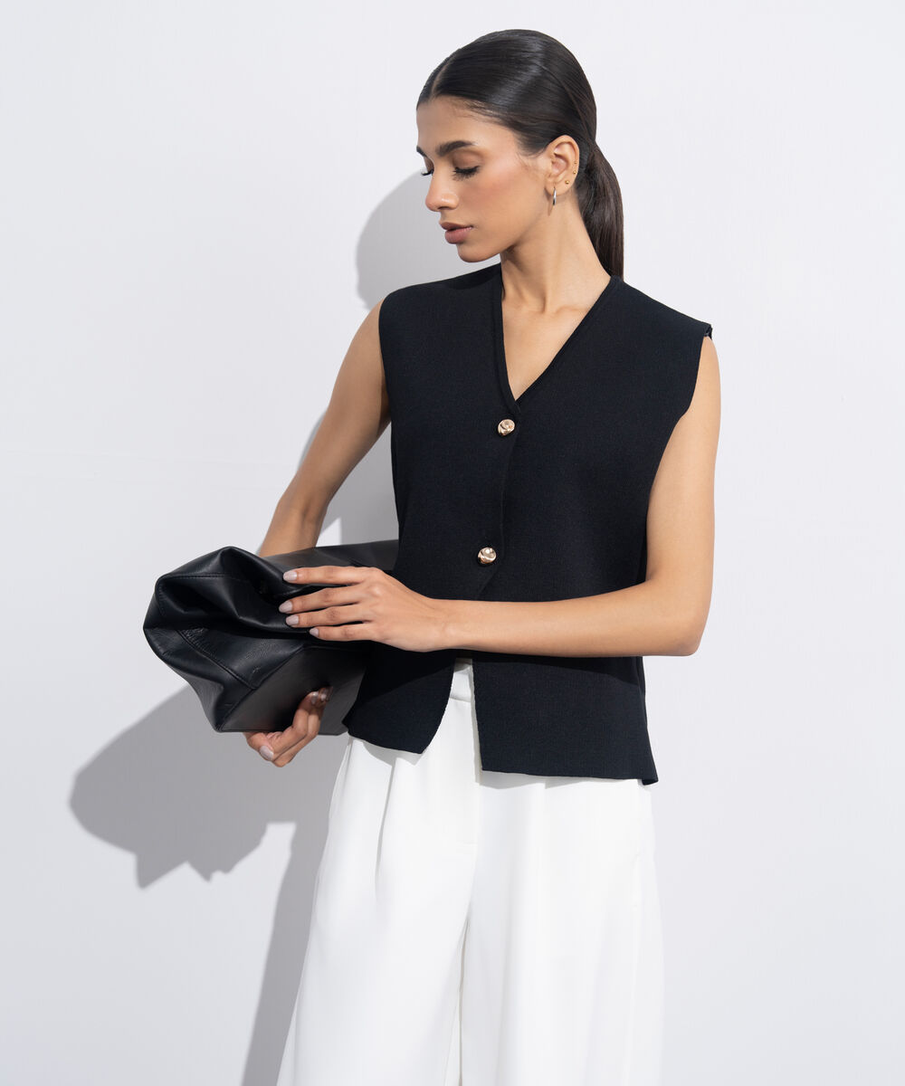 Women's Western Wear Black Knit Waistcoat Top