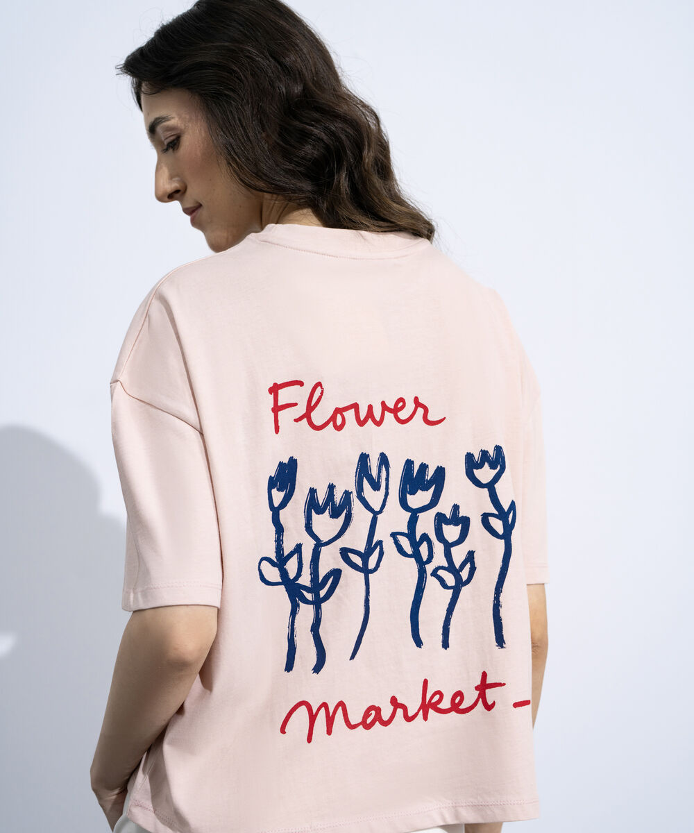 Women's Pink Loose-Fit Graphic T-Shirt With Pocket