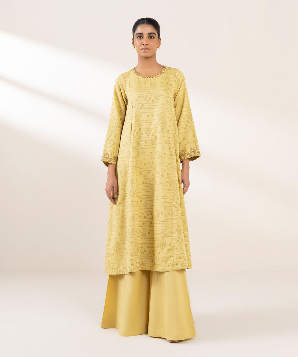 Woman - Yellow Embroidered Cotton Jacquard Shirt