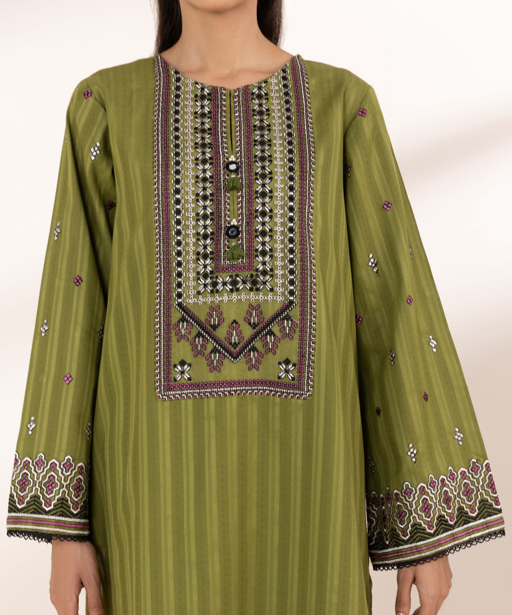 Women's RTW Textured Cotton Green Embroidered A-Line Shirt