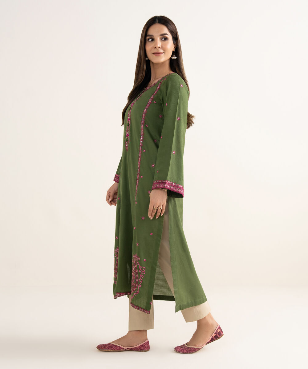 Women's RTW Textured Cotton Green Embroidered A-Line Shirt