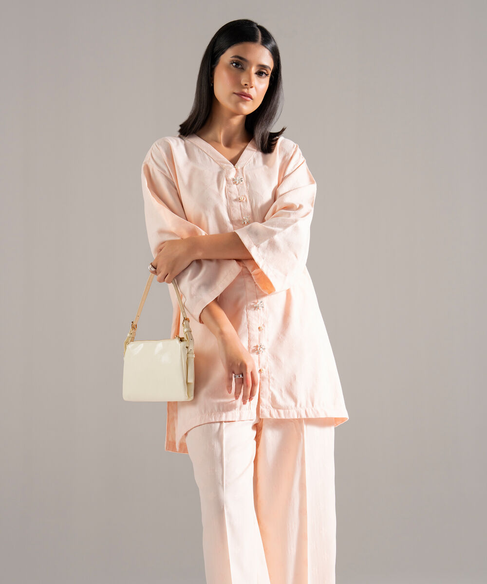Women's RTW Poly Viscose Jacquard Solid Pink Drop Shoulder Shirt