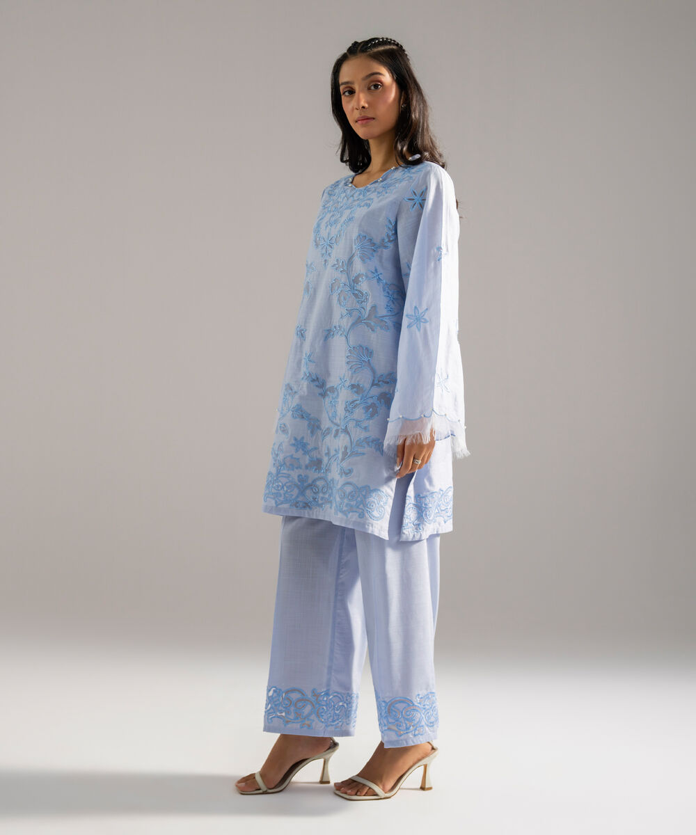 Women's RTW Cross Hatch Solid Embroidered Blue 2 Piece Suit