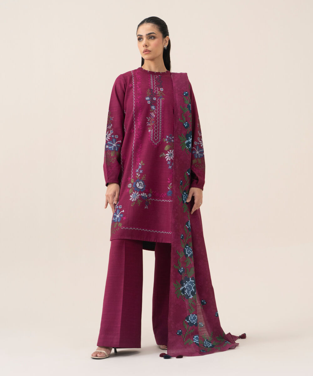 Women's Unstitched Premium Khaddar Embroidered Magenta 3 Piece Suit