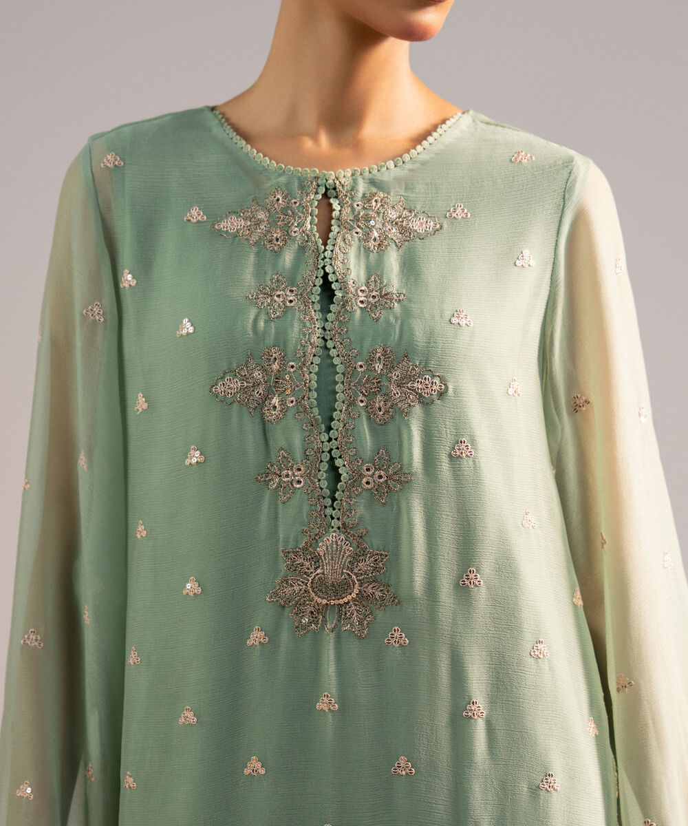 Women's RTW Chiffon Embroidered Green 3 Piece Suit