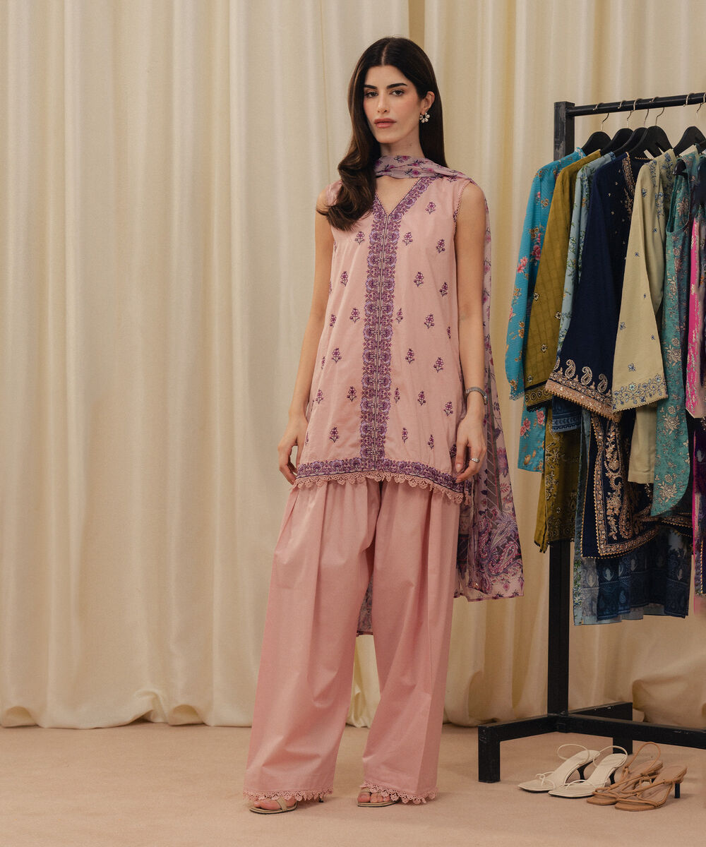 Women's RTW Dobby Embroidered Pink 3 Piece Suit