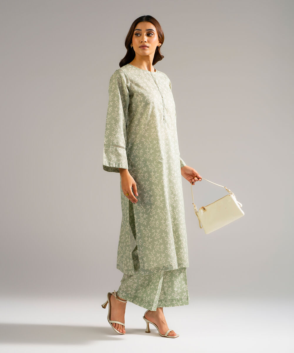 Women's RTW Zari Lawn Printed Green Straight Shirt