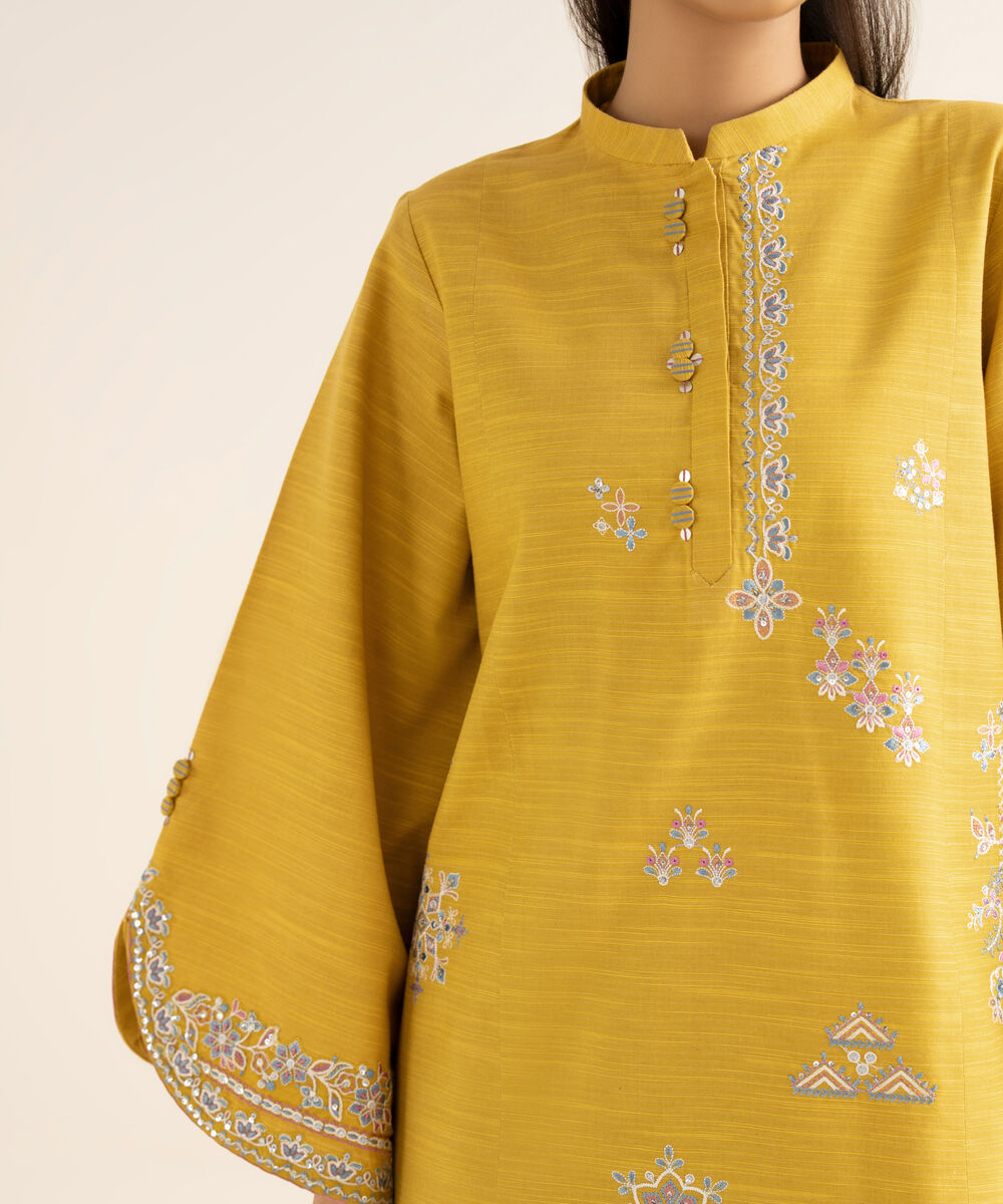 Women's Unstitched Cotton Embroidered Yellow 2 Piece Suit