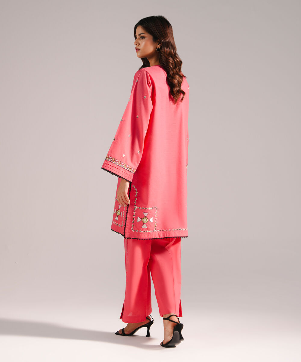Women's RTW Zari Lawn Embroidered Coral Red Straight Shirt