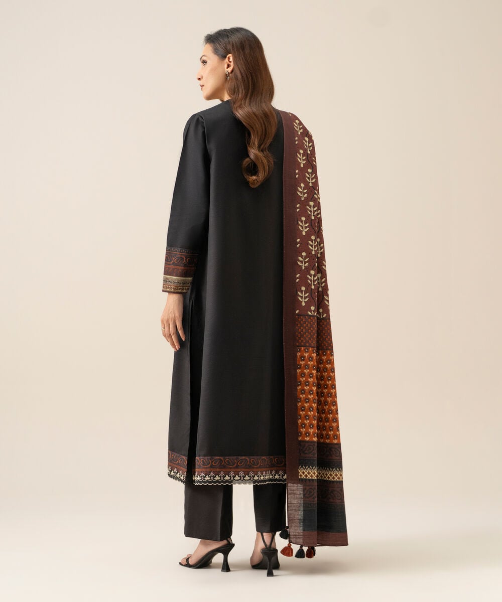 Women's Unstitched Light Khaddar Embroidered Black 3 Piece Suit