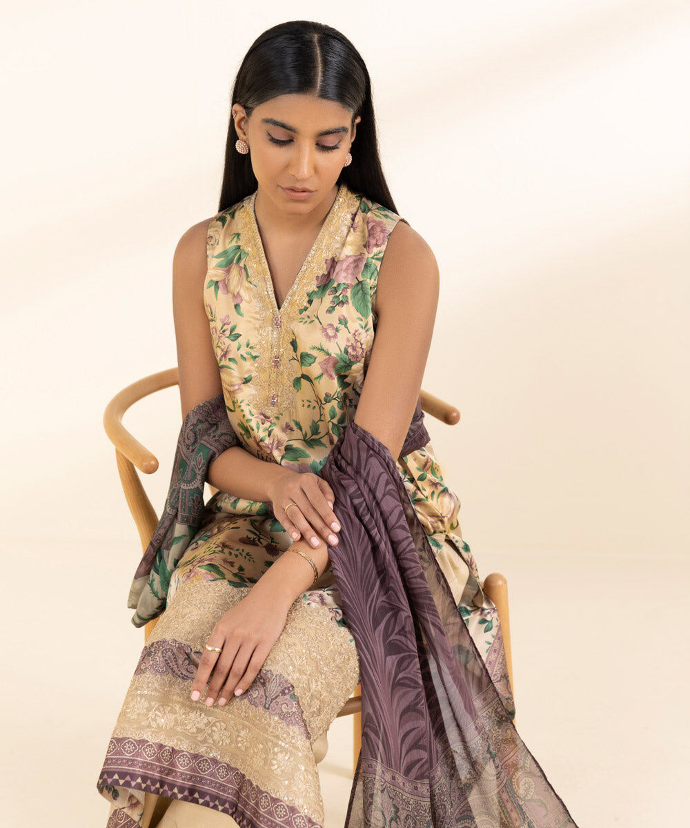 Woman - Multi 3 Piece - Embroidered Satin Suit