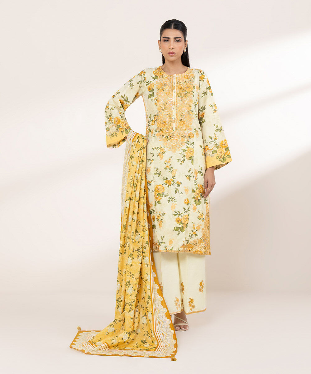 Women's RTW Zari Lawn Yellow Embroidered A-Line Shirt