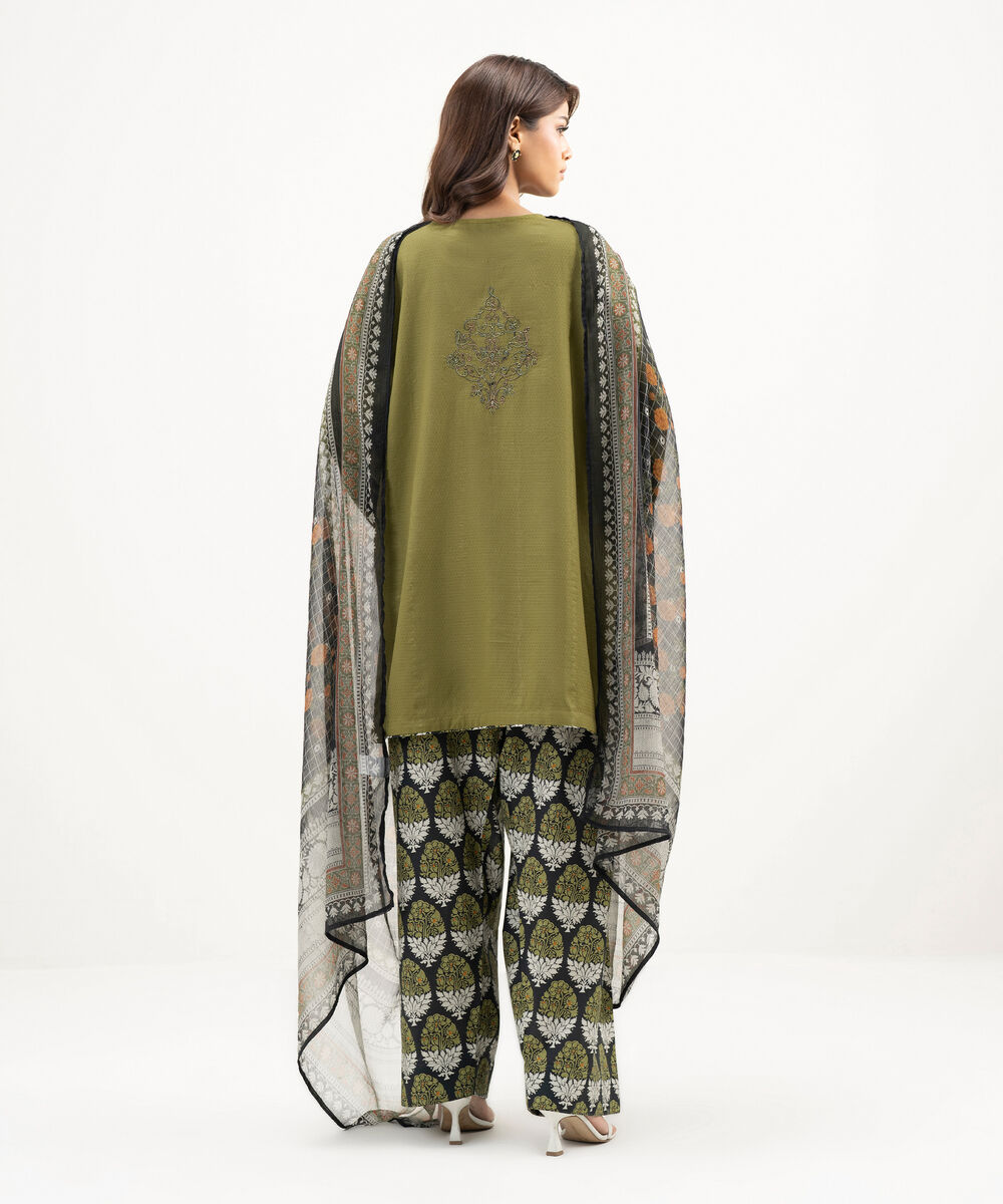 Women's RTW Dobby Embroidered Dark Green 3 Piece Suit