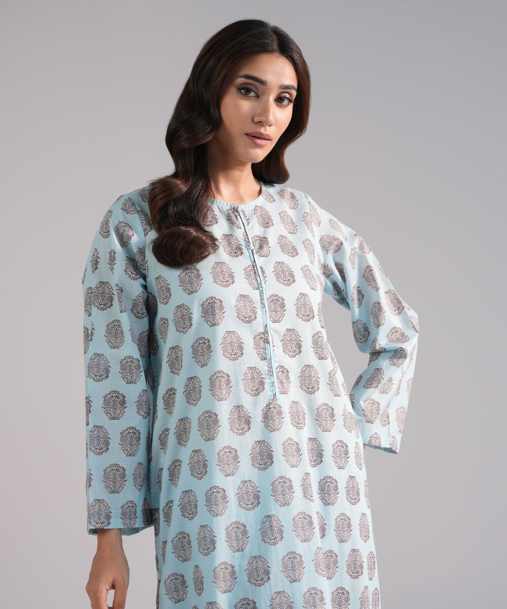 Women's RTW Slub Lawn Printed Blue Straight Shirt