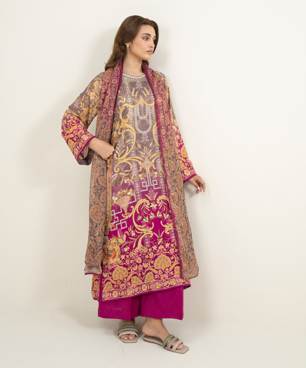 Women's RTW Viscose Raw Silk Printed Pink 3 Piece Suit