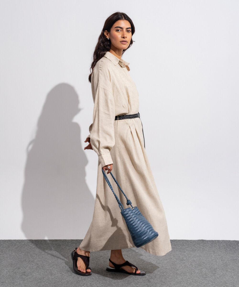 Women's Western Wear Beige Pleated Linen Blend Dress With Belt