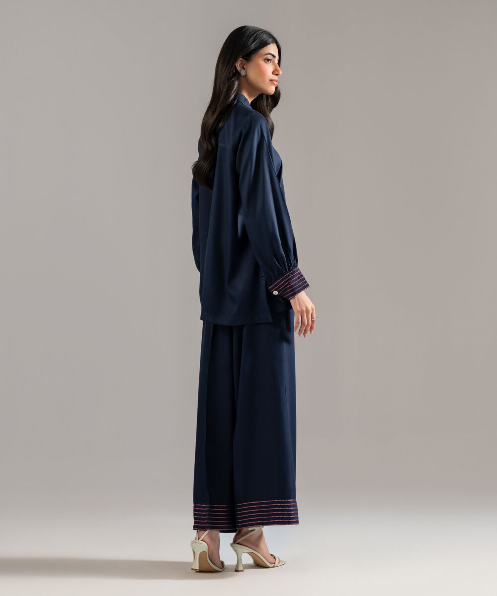 Women's RTW Bedford Solid Embroidered Dark Blue Drop Shoulder Shirt