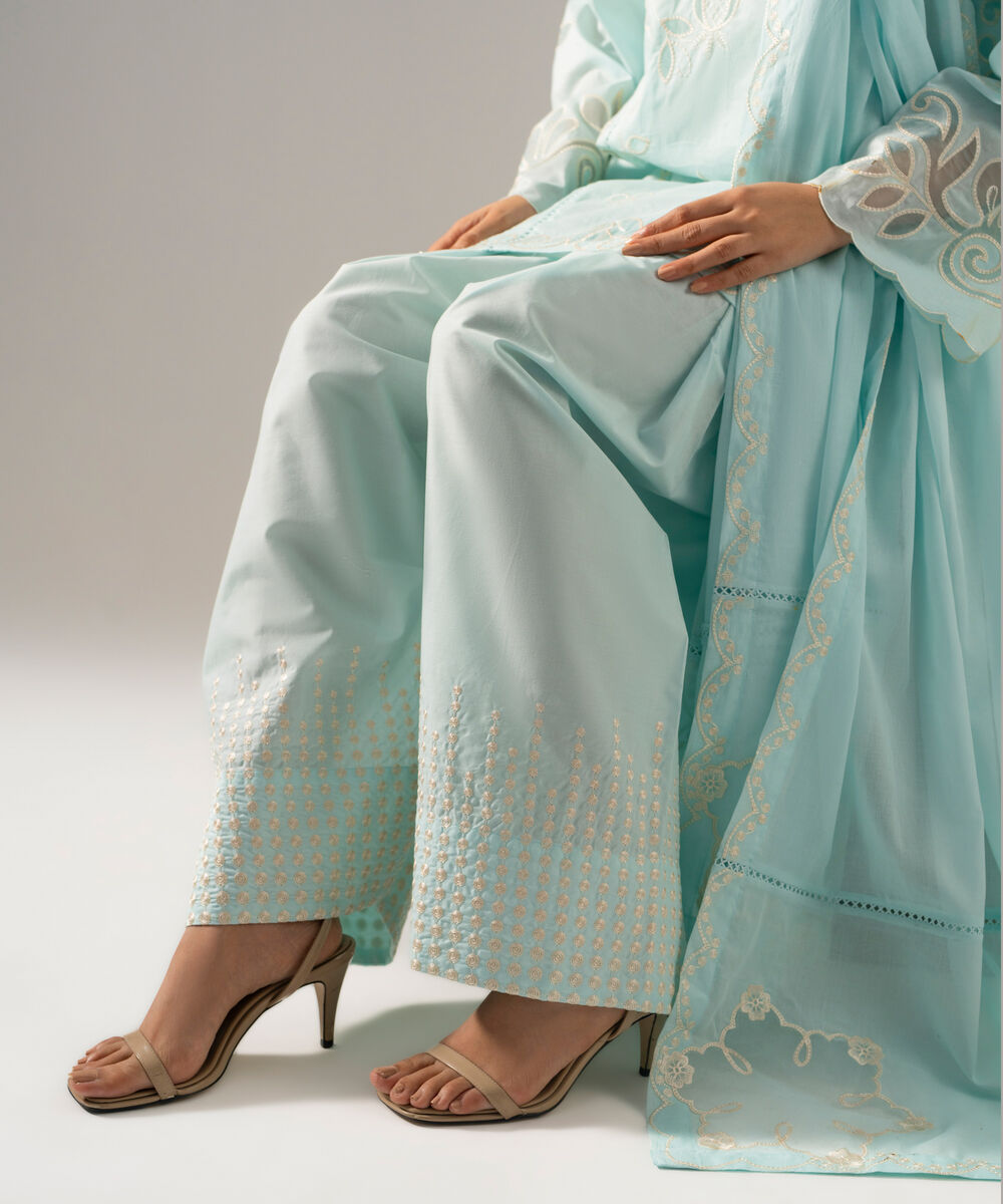 Women's RTW Lawn Solid Embroidered Blue 3 Piece Suit
