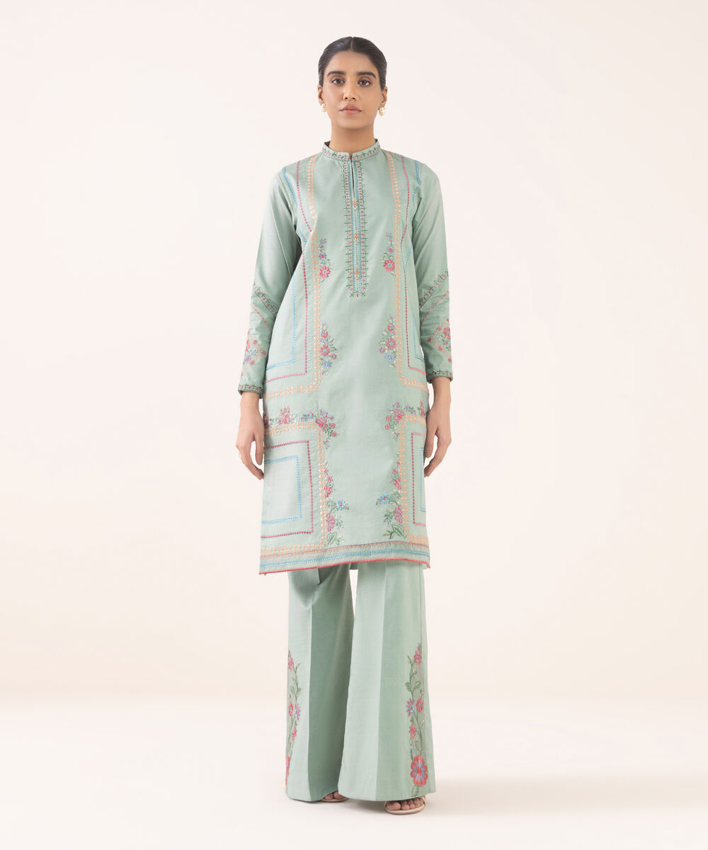 Women's Unstitched Cotton Embroidered Green Two Piece Suit