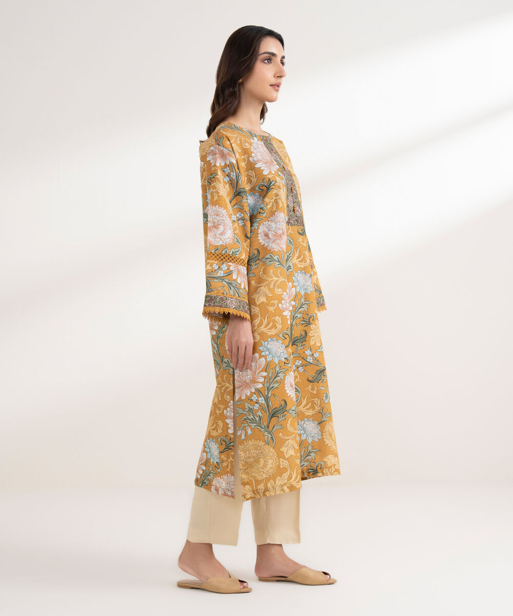 Women's RTW Khaddar Printed Boxy Mustard Shirt
