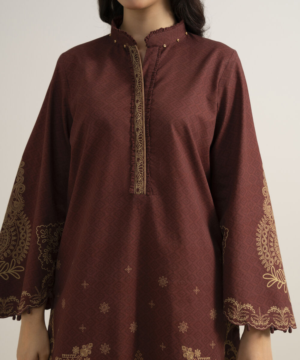 Women's Unstitched Cotton Printed Brown 3 Piece Suit