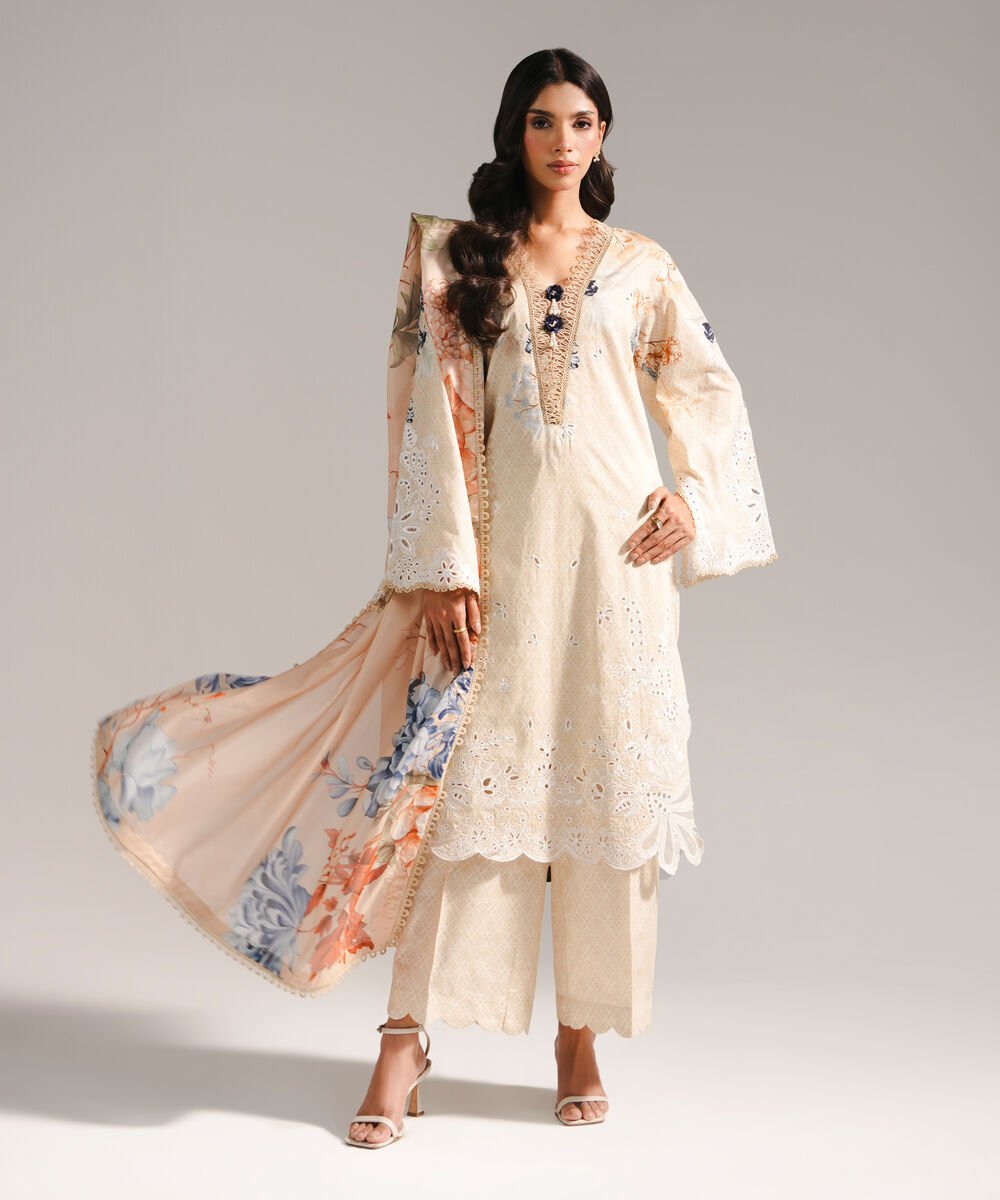 Women's RTW Self Jacquard Embroidered Beige 3 Piece Suit