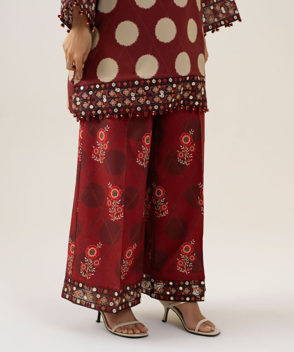 Women's Unstitched Linen Embroidered Maroon 2 Piece Suit