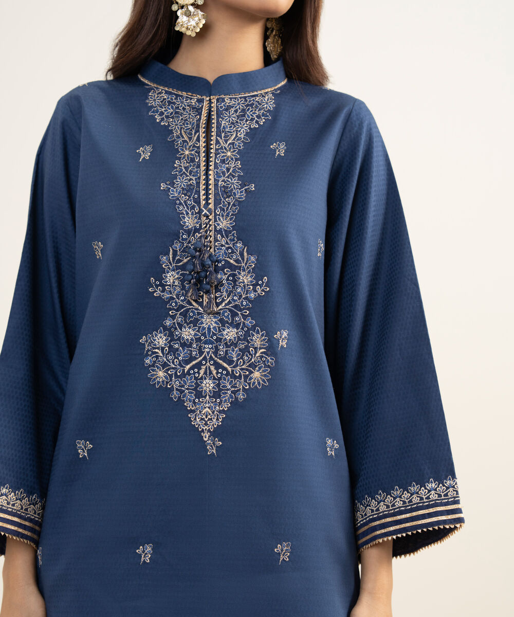 Women's Unstitched Dobby Embroidered Blue 3 Piece Suit