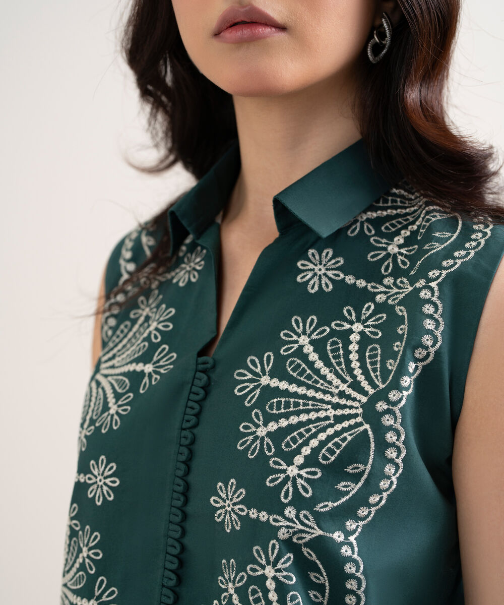 Women's Unstitched Cotton Embroidered Green 2 Piece Suit
