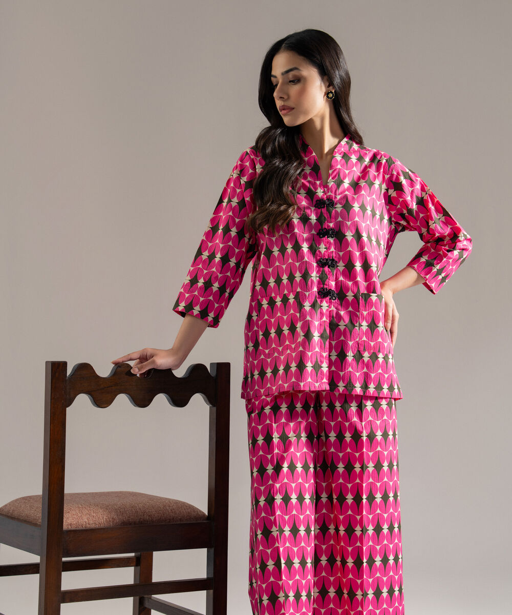 Women's RTW Seersucker Printed Pink 2 Piece Suit