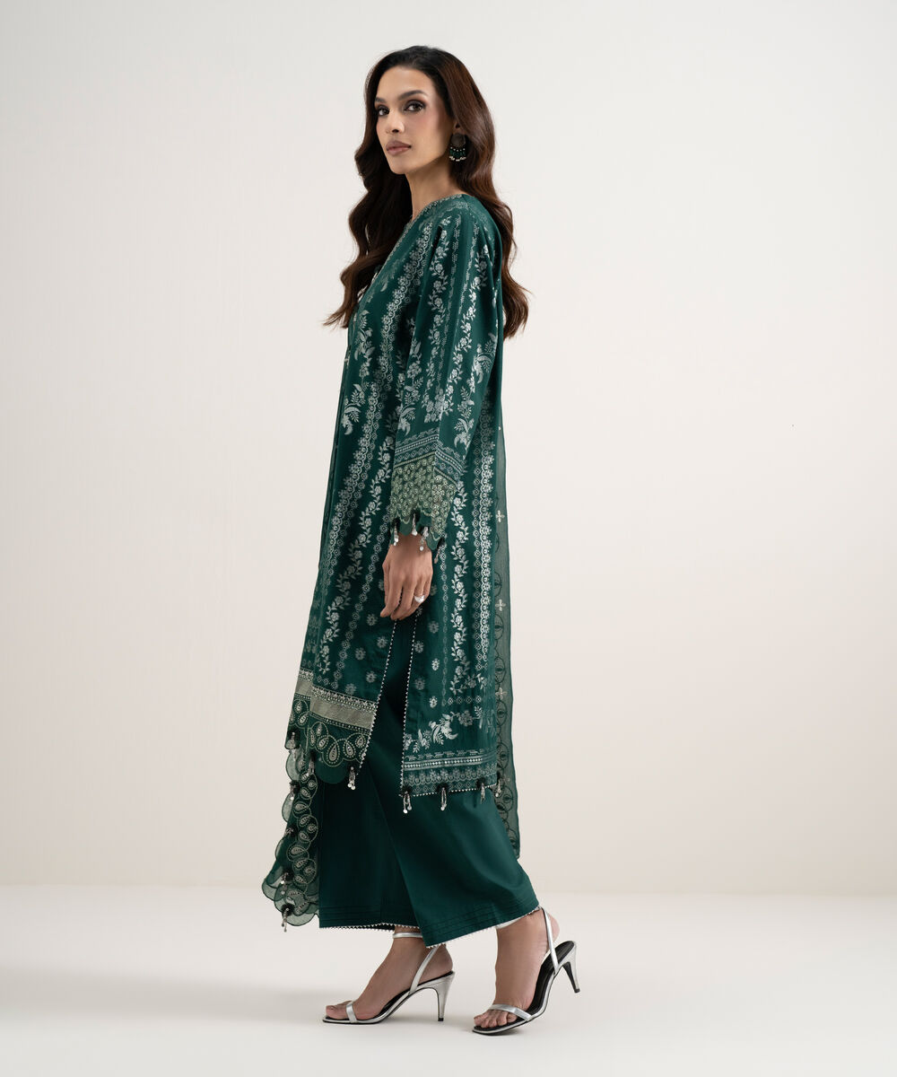 Women's Unstitched Extra Weft Jacquard Embroidered Green 3 Piece Suit