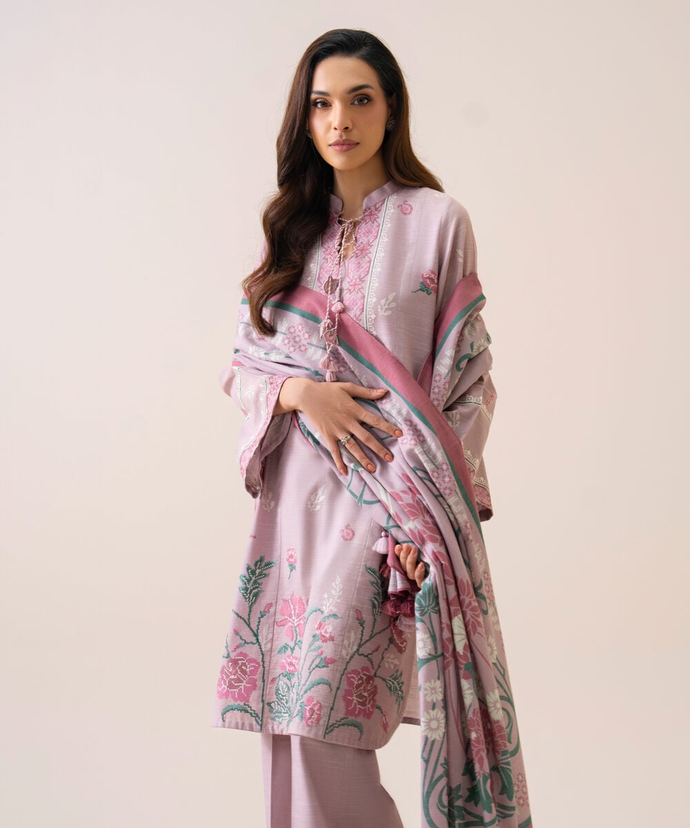 Women's Unstitched Light Khaddar Embroidered Lilac 3 Piece Suit