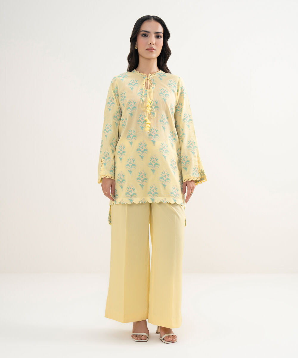 Women's RTW Extra Weft Jacquard Solid Pale Yellow 2 Piece Suit