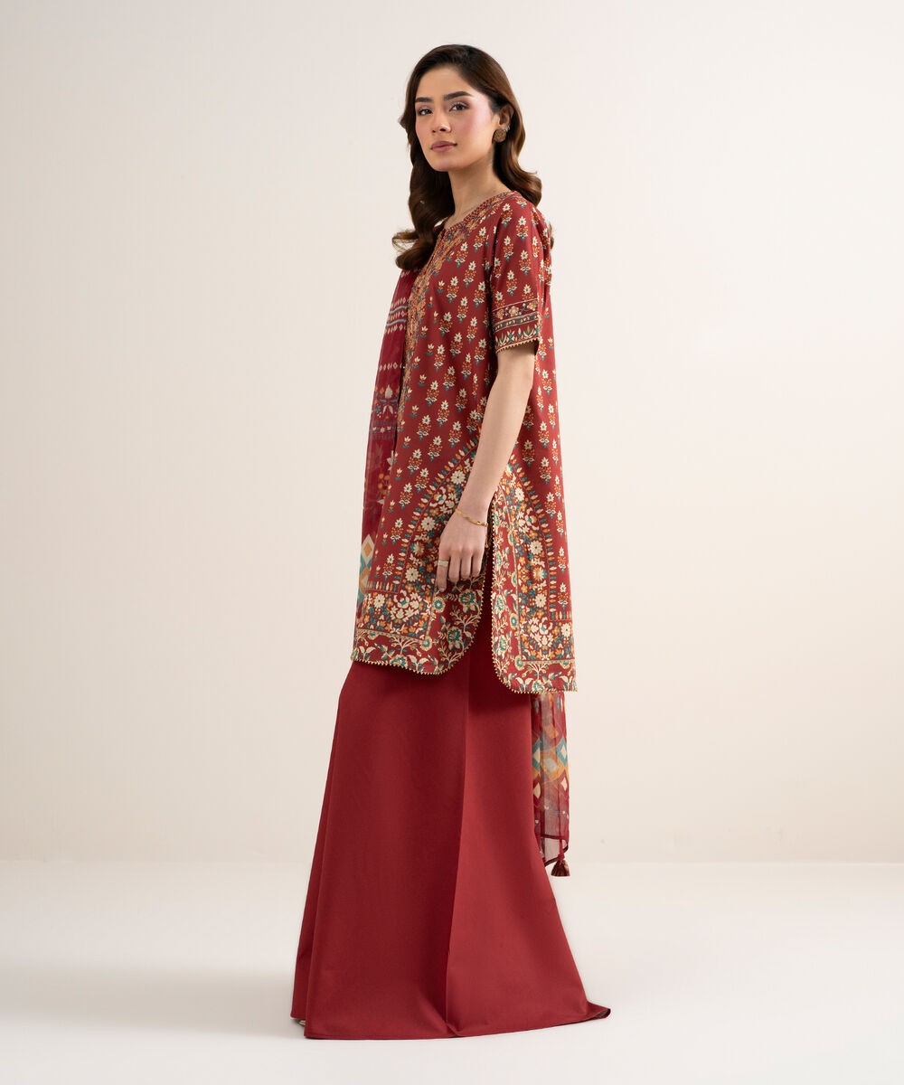 Women's Unstitched Lawn Embroidered Red 3 Piece Suit