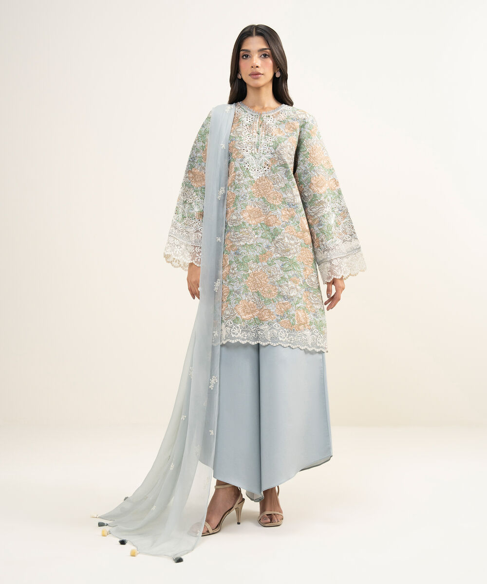 Women's Unstitched Extra Weft Jacquard Embroidered Grey 3 Piece Suit