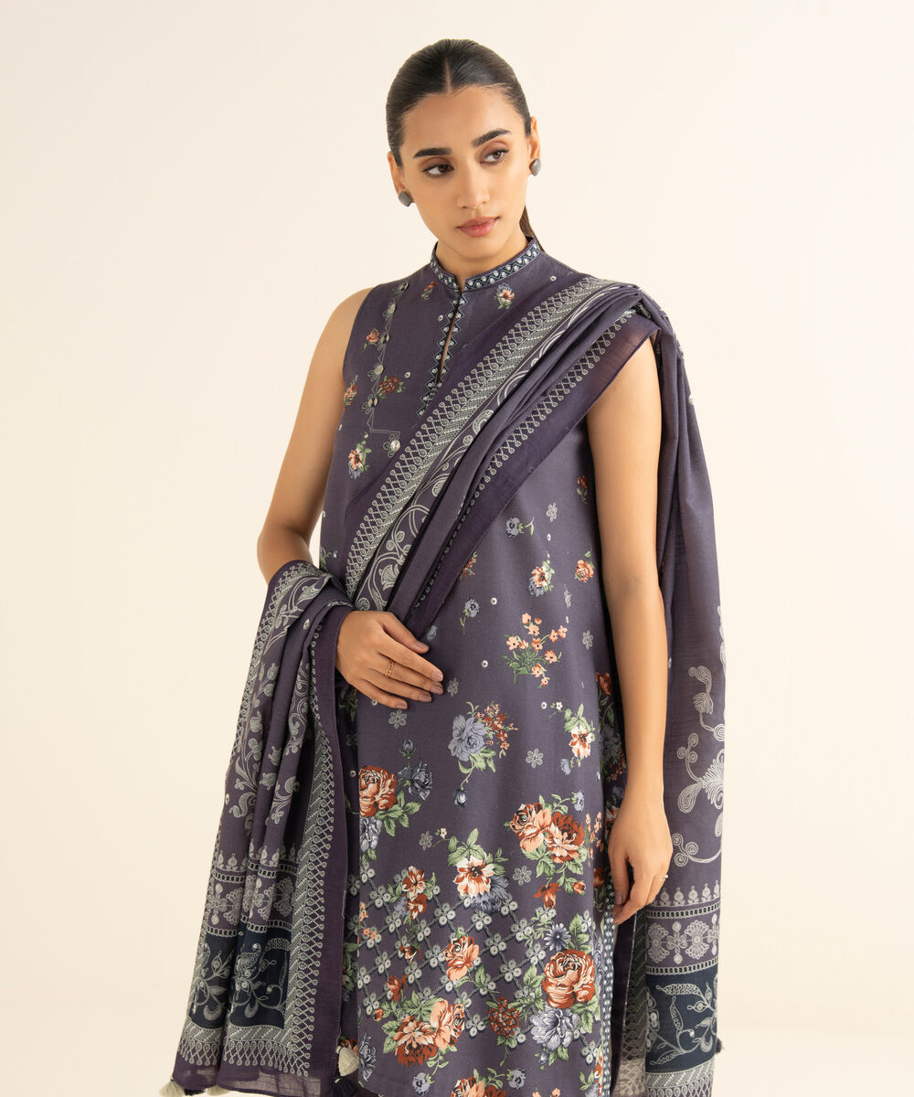 Women's Unstitched Light Khaddar Printed Purple 3 Piece Suit