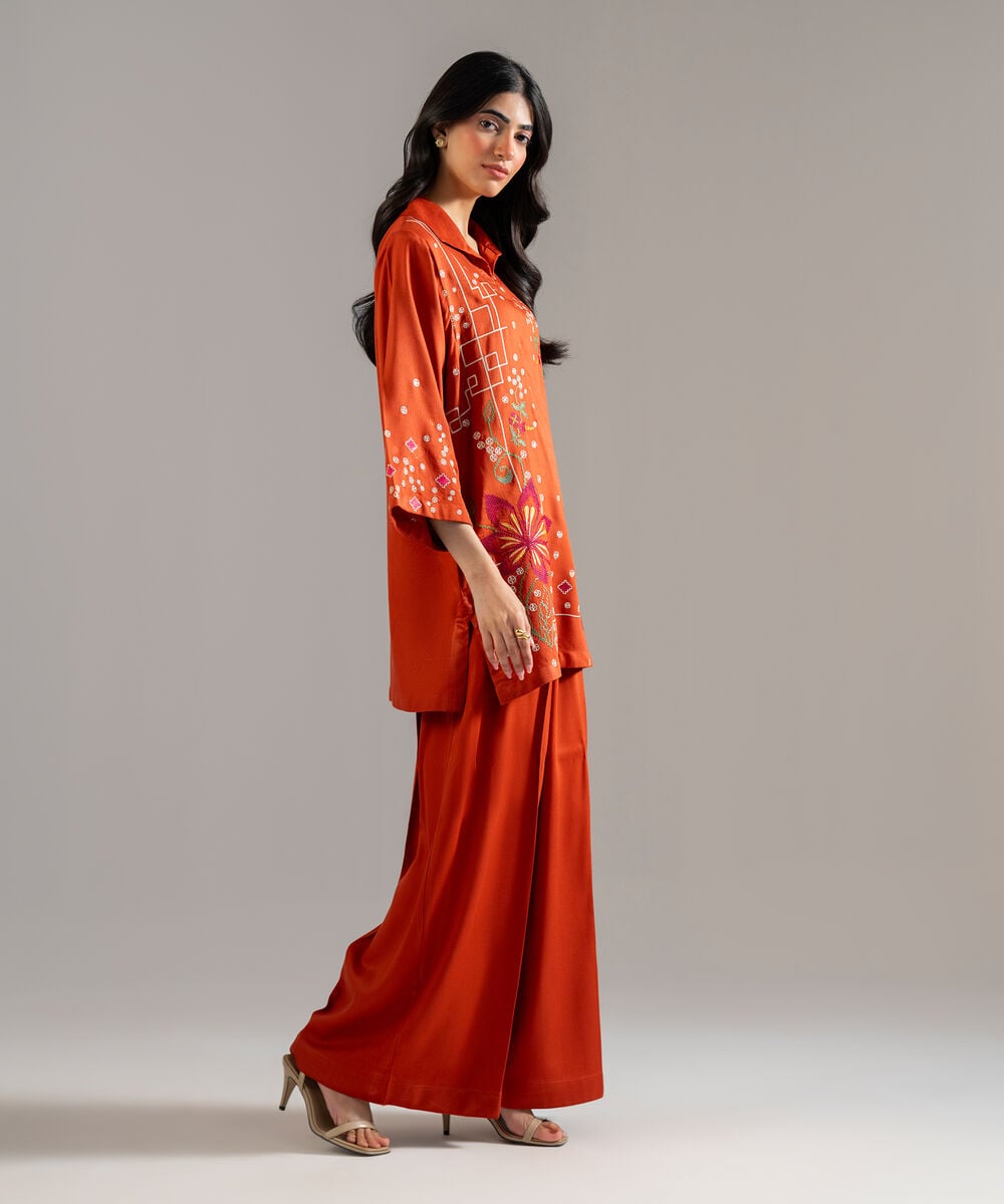 Women's RTW Bedford Solid Embroidered Rust Straight Shirt