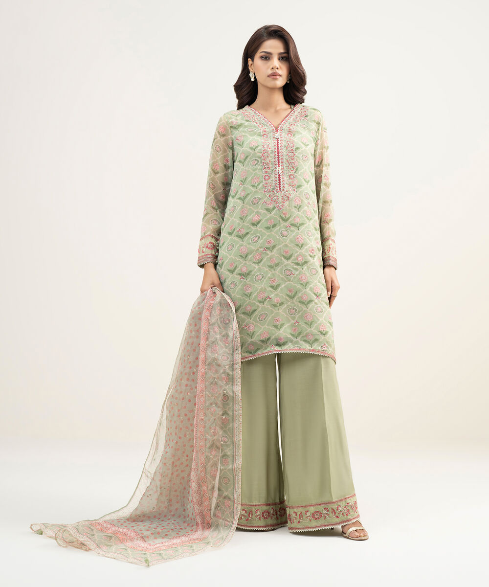 Women's RTW Blended Chiffon Embroidered Green 3 Piece Suit