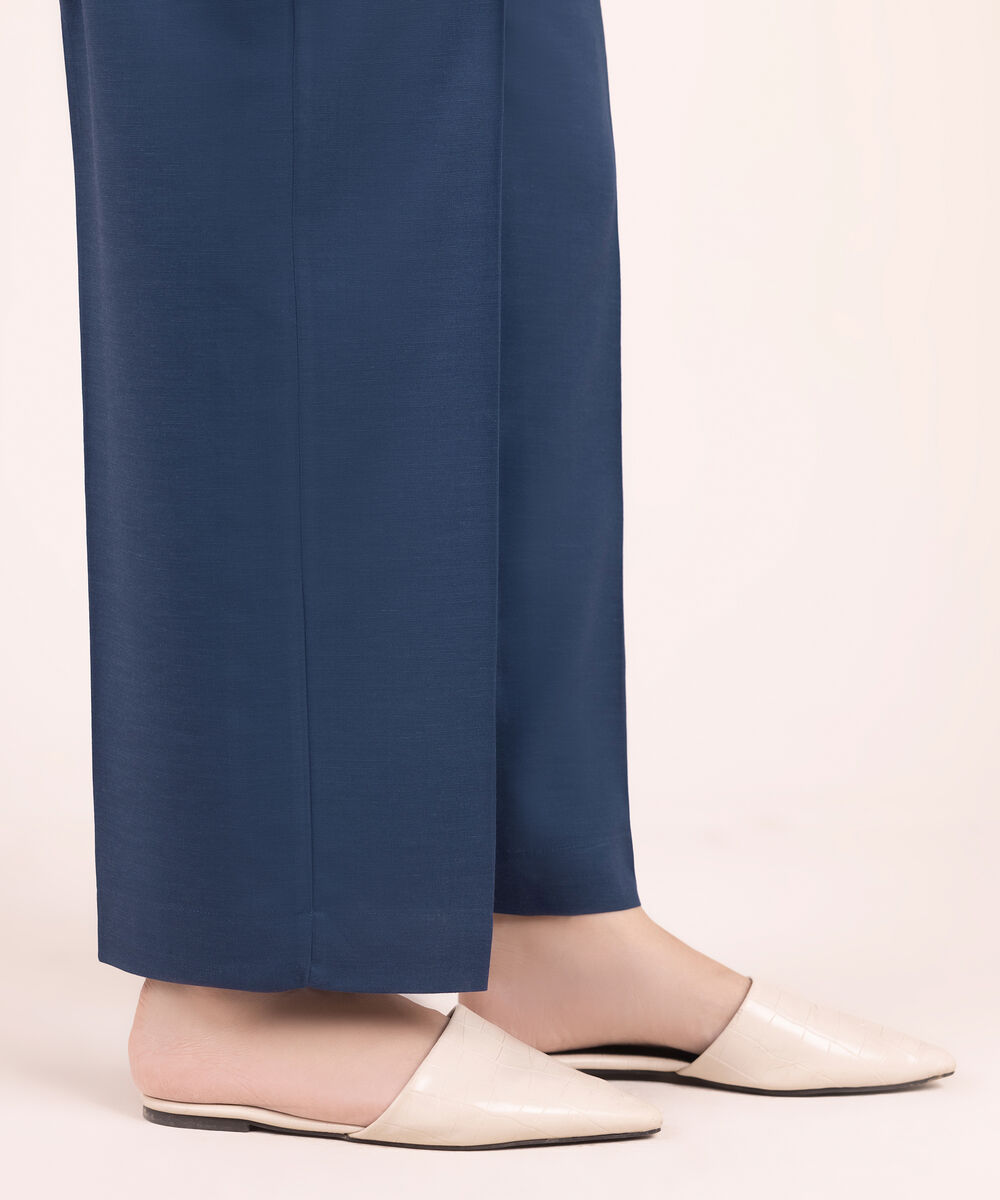 Women's RTW Textured Viscose Solid Blue Straight Pants