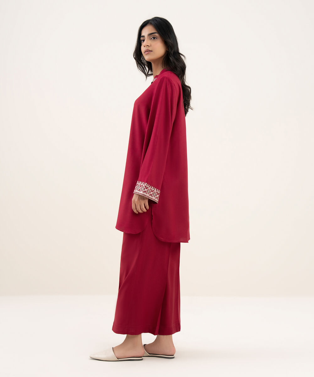 Women's RTW Khaddar Embroidered Straight Maroon Shirt