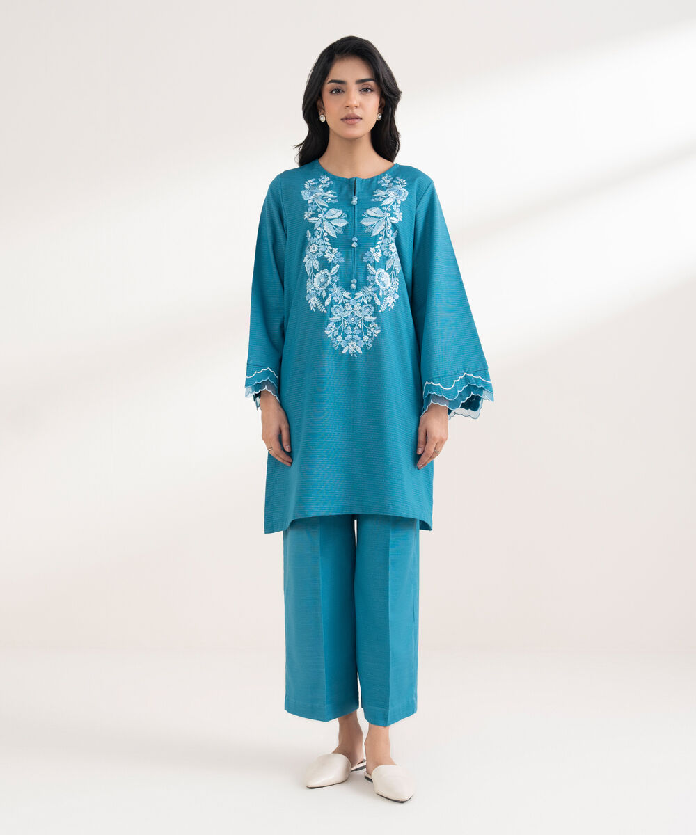 Women's RTW Zari Khaddar Embroidered Blue Straight Shirt