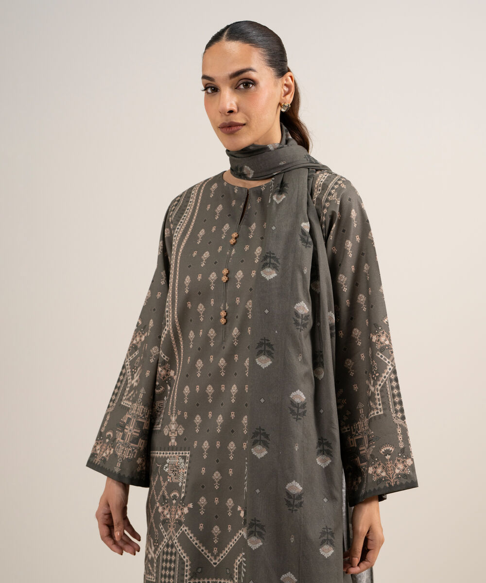 Women's Unstitched Lawn Printed Grey  3 Piece Suit