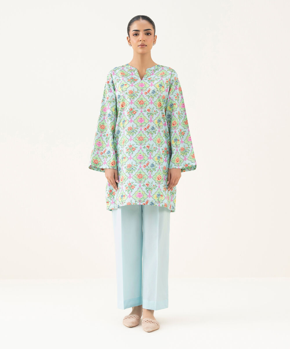 Women's RTW Cambric Printed Blue Straight Shirt