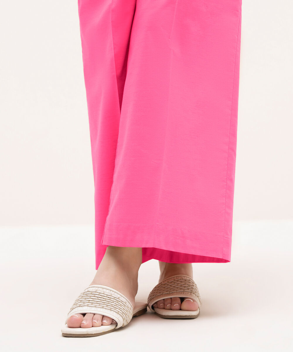 Women's RTW Textured Cotton Pink Solid Straight Pants