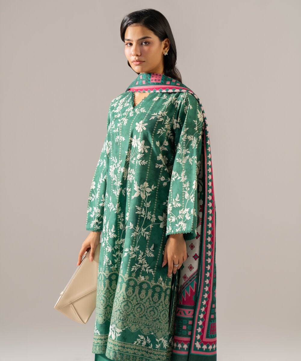 Women's RTW Khaddar Printed Green 3 Piece Suit