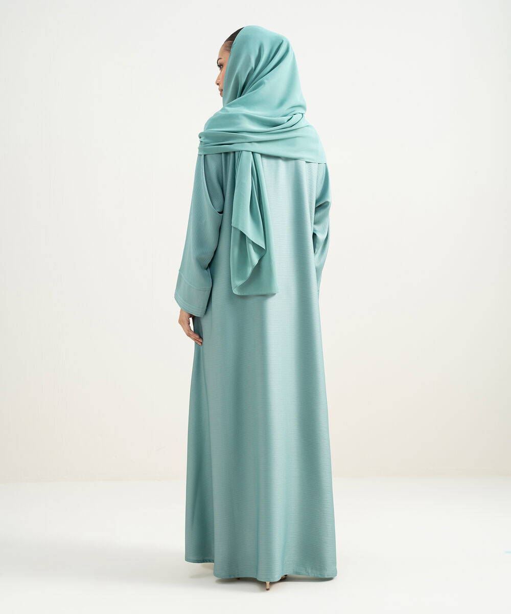 Women's Light Blue Pleated Button Through Abaya Set